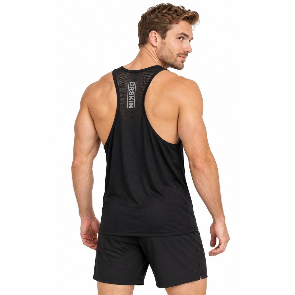 DRSKIN Men's Mesh Racerback Tank Top Black Gym Workout Running Bodybuilding